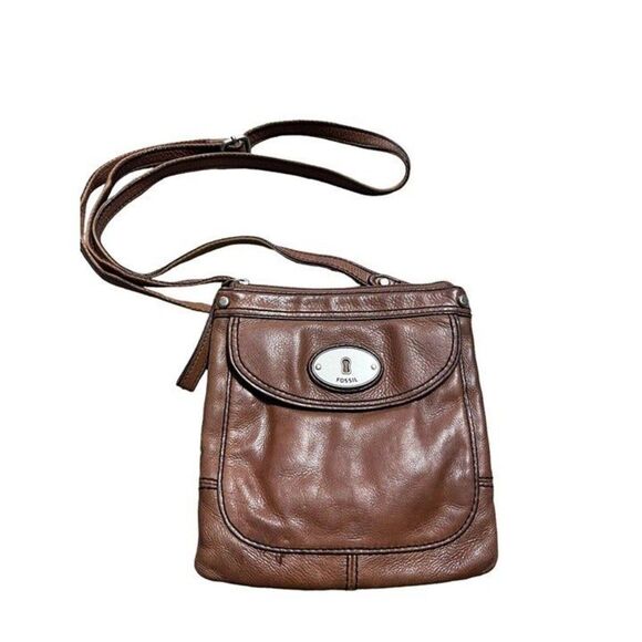 Vintage Fossil Cowhide Leather Tan/Camel Small Crossbody Bag Purse Preowned - Picture 1 of 6